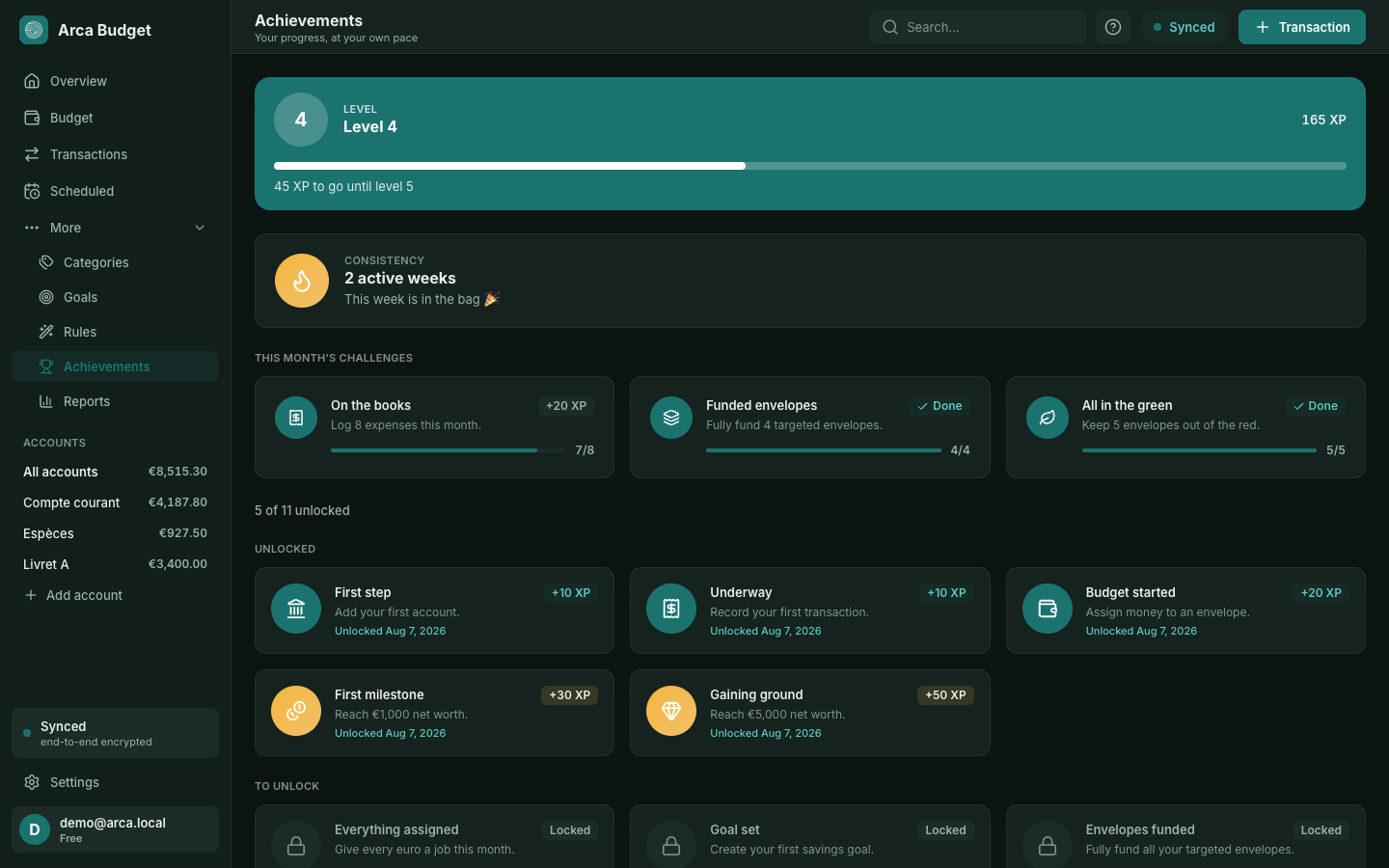 Arca's Achievements page: level, streak, monthly challenges and badges