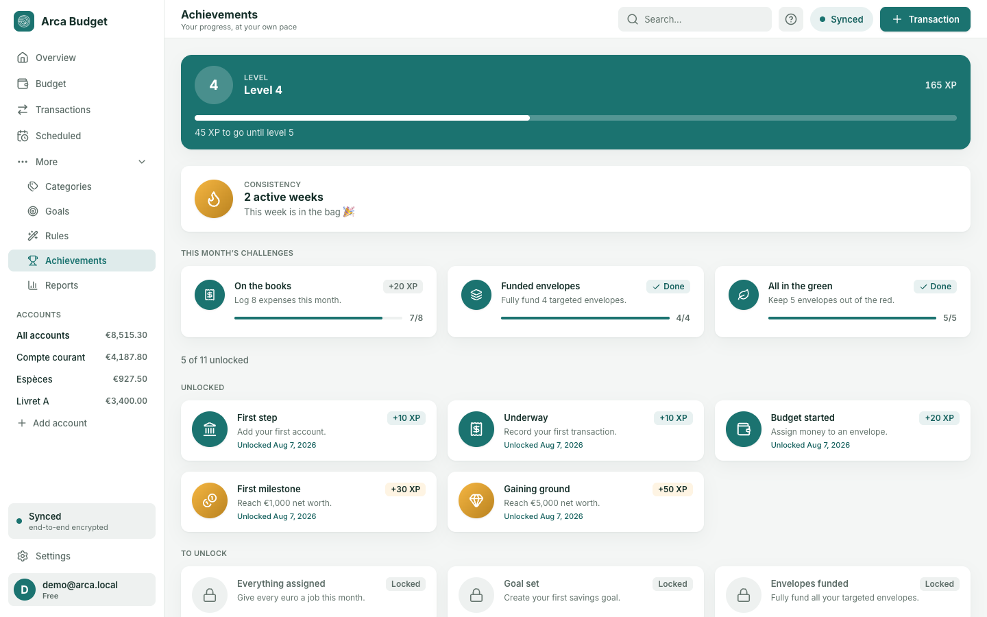 Arca's Achievements page: level, streak, monthly challenges and badges