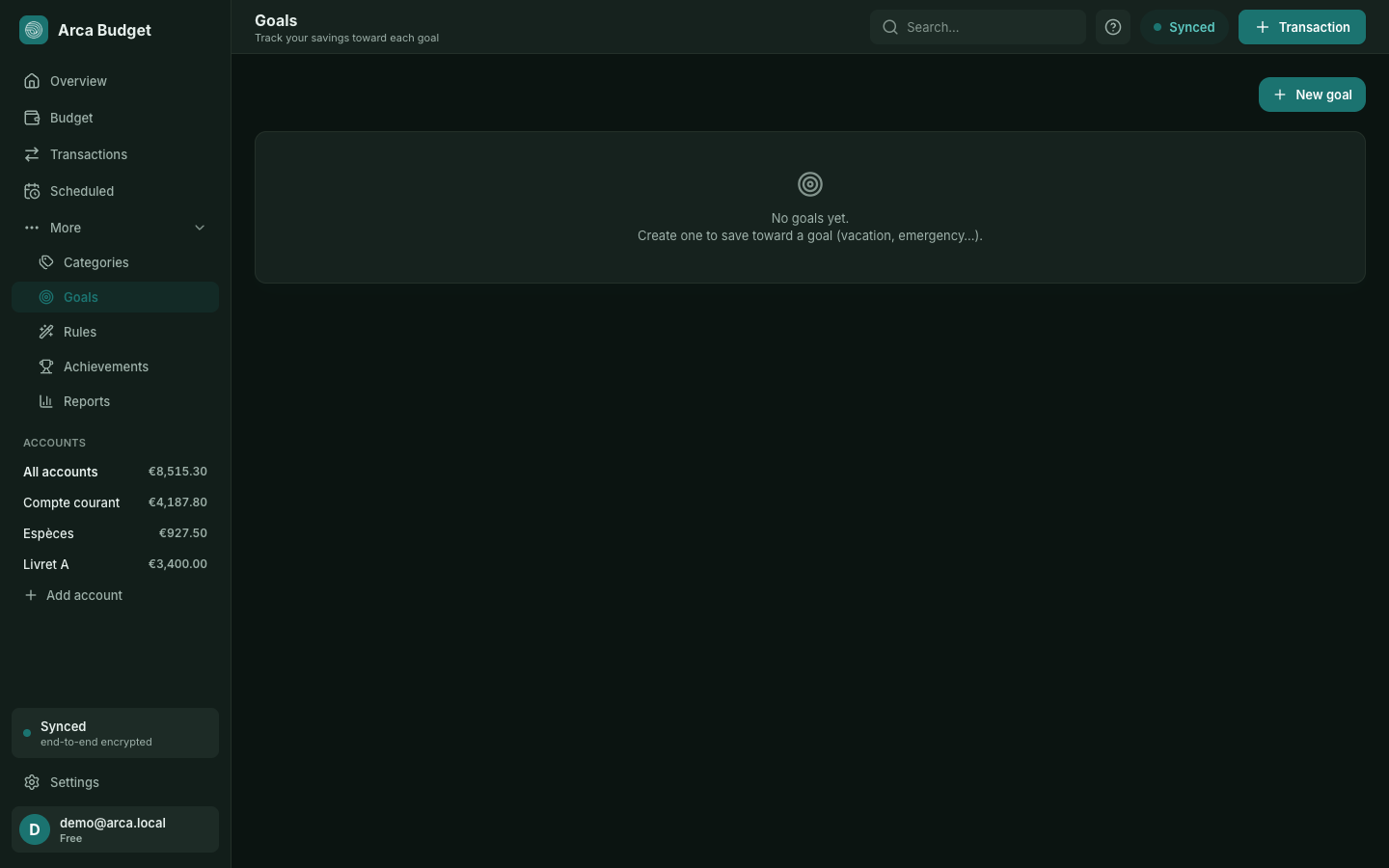 Arca's Goals page showing progress toward a target amount