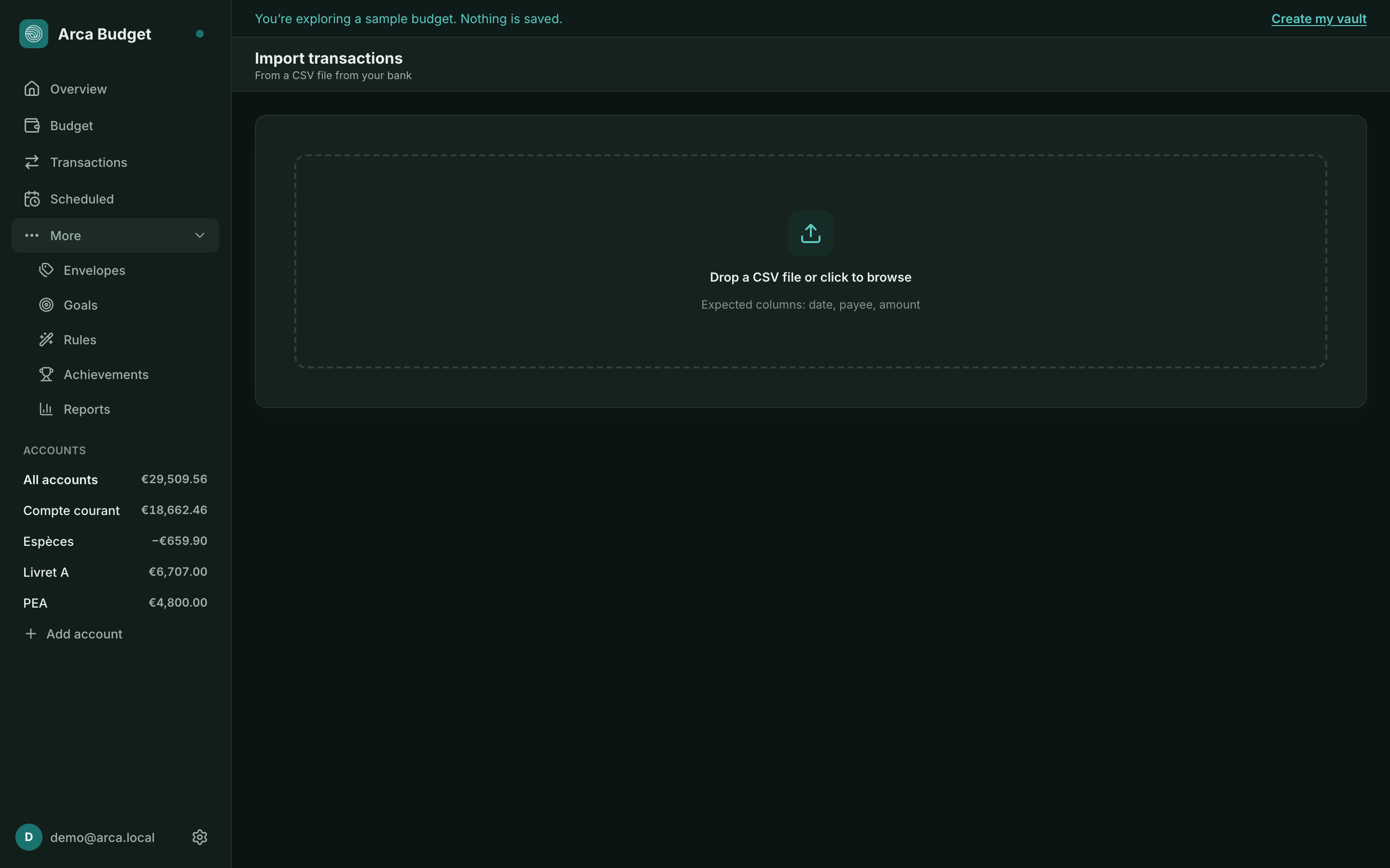 CSV import in Arca Budget: file drop and column mapping