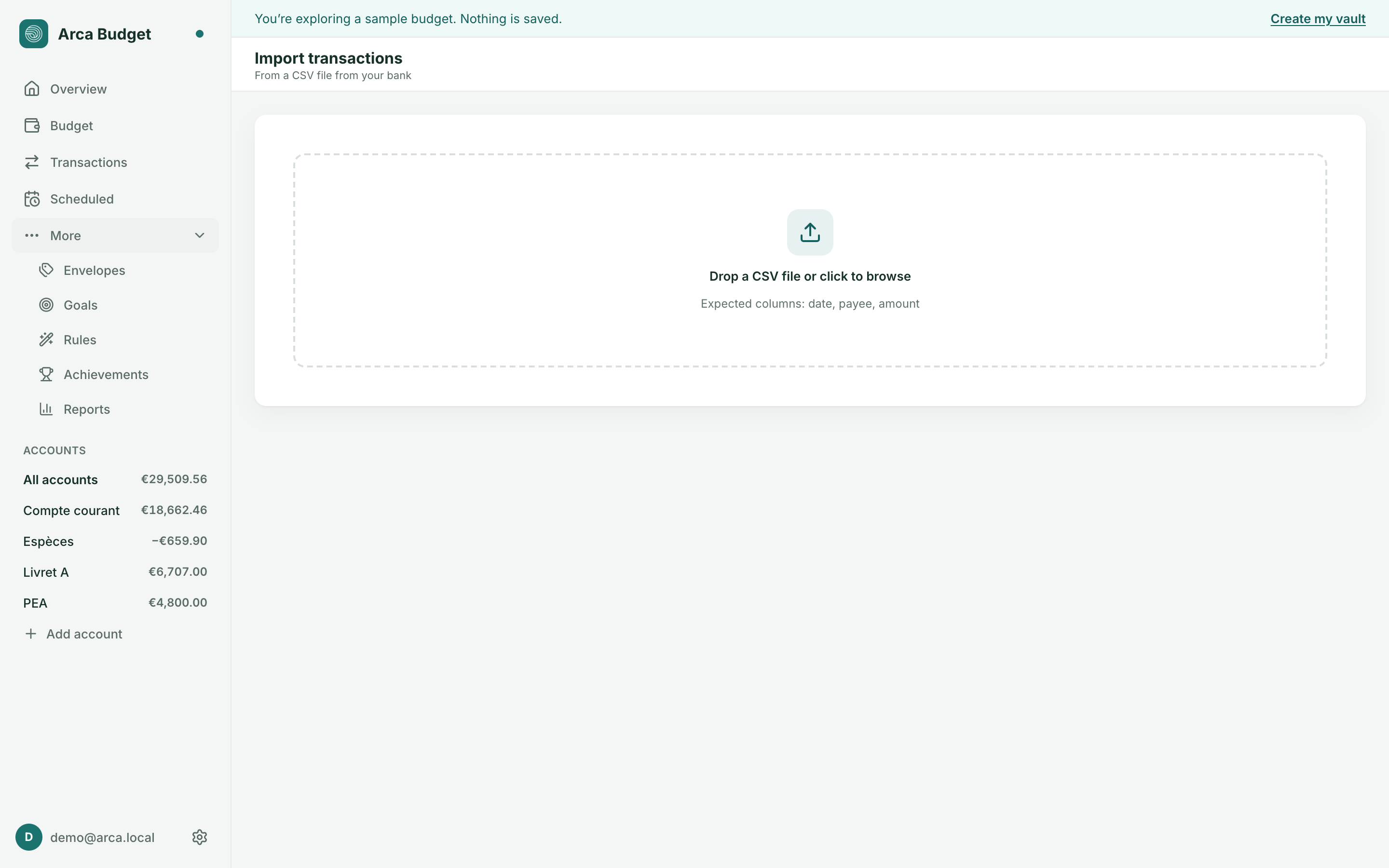CSV import in Arca Budget: file drop and column mapping