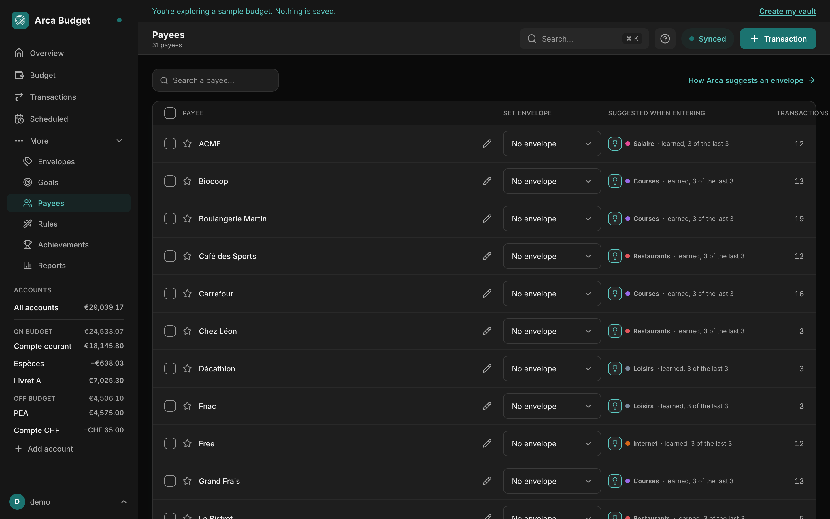 The Payees page in Arca Budget