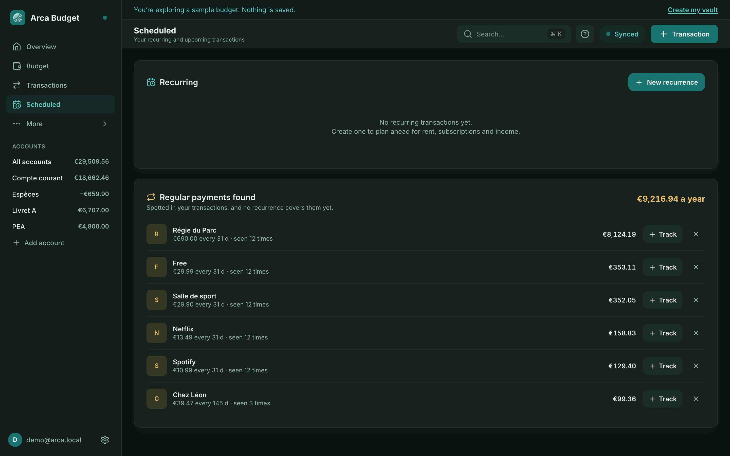 Arca Budget schedule with upcoming recurring transactions and detected regular payments