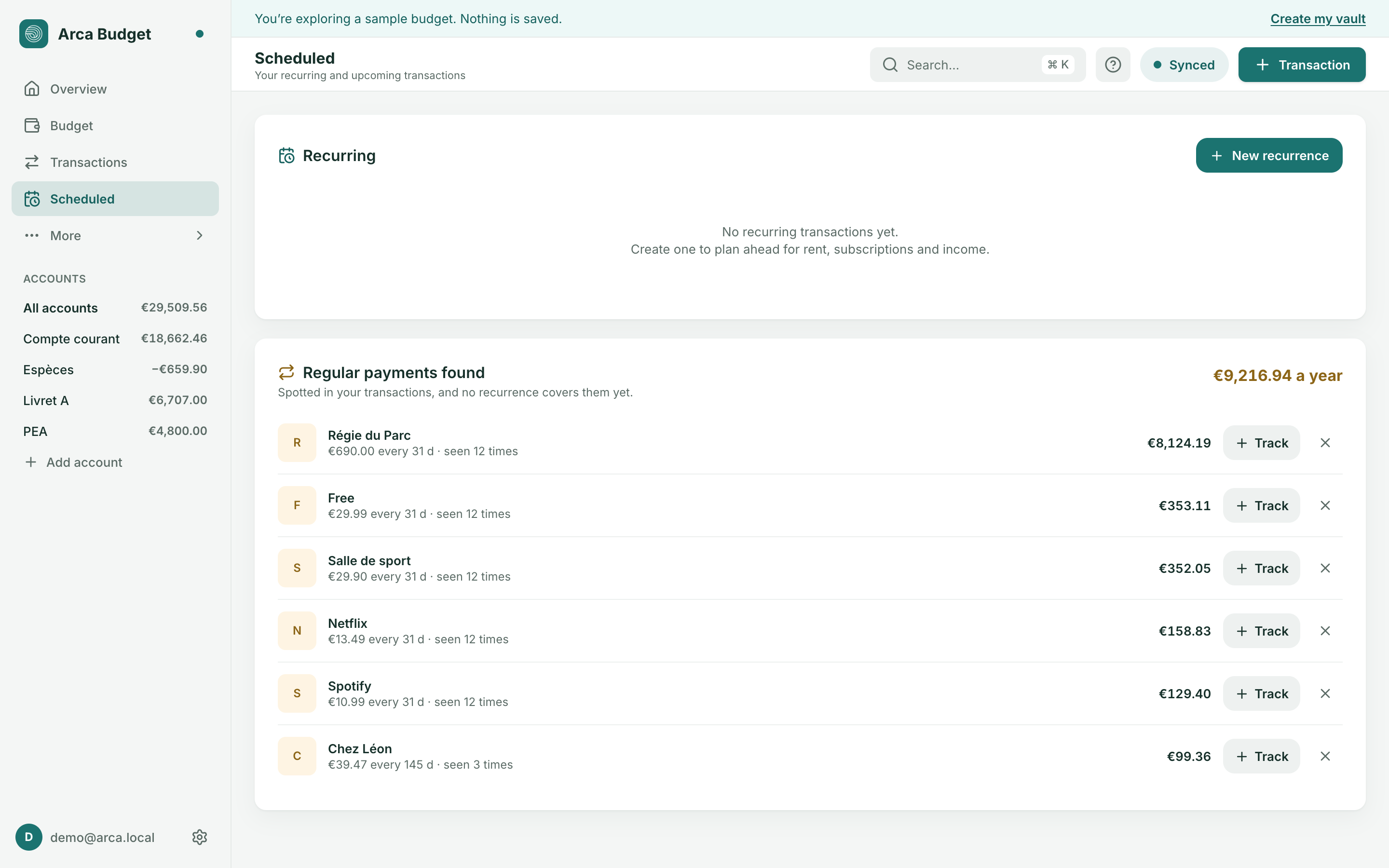 Arca Budget schedule with upcoming recurring transactions and detected regular payments