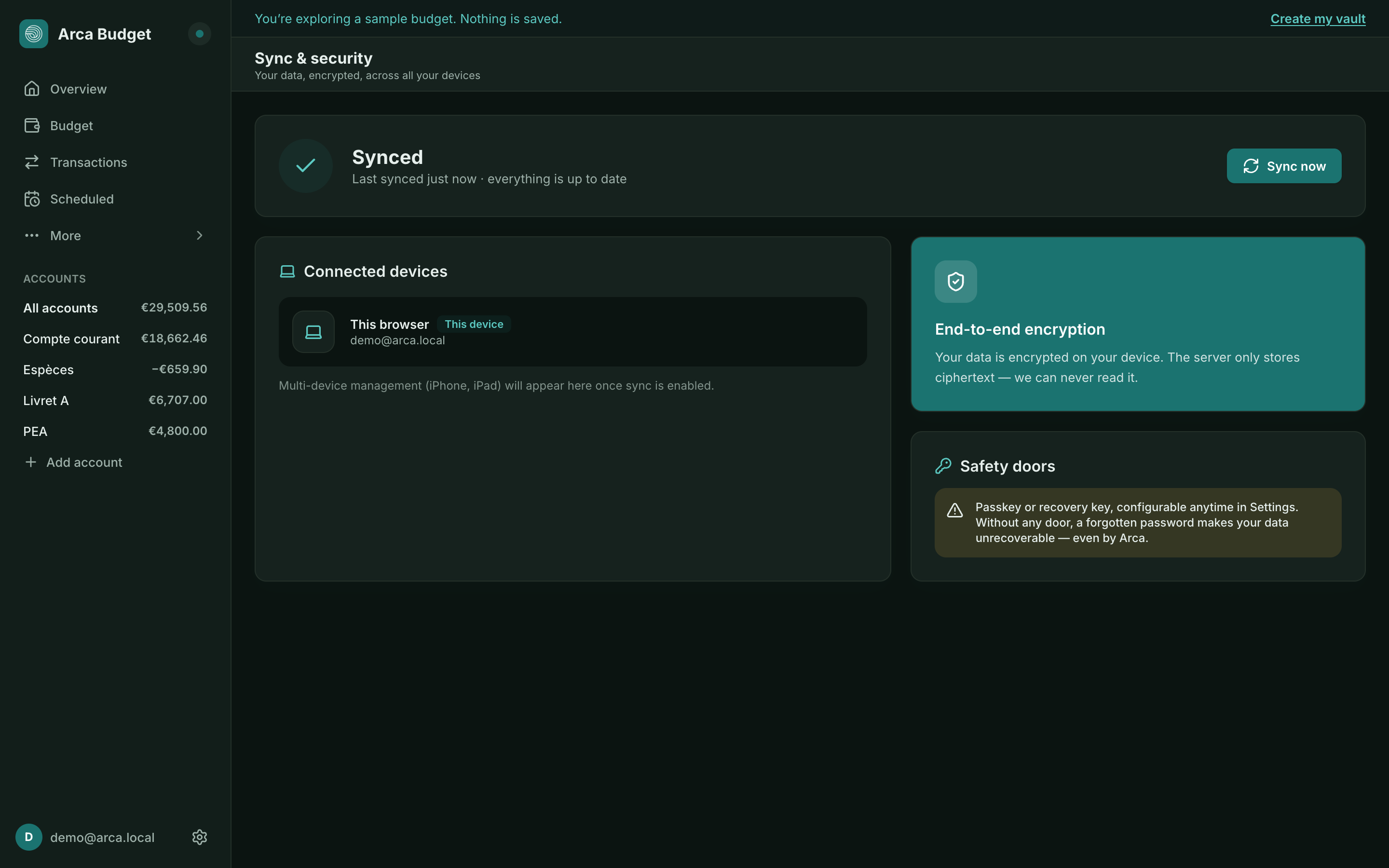 Sync status and connected devices in Arca Budget