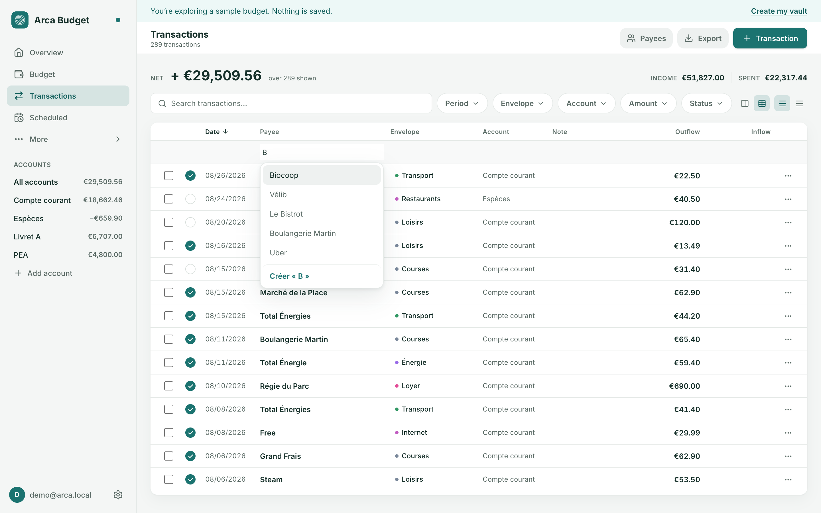 Arca Budget’s entry grid: a cell being edited, payee suggestions open