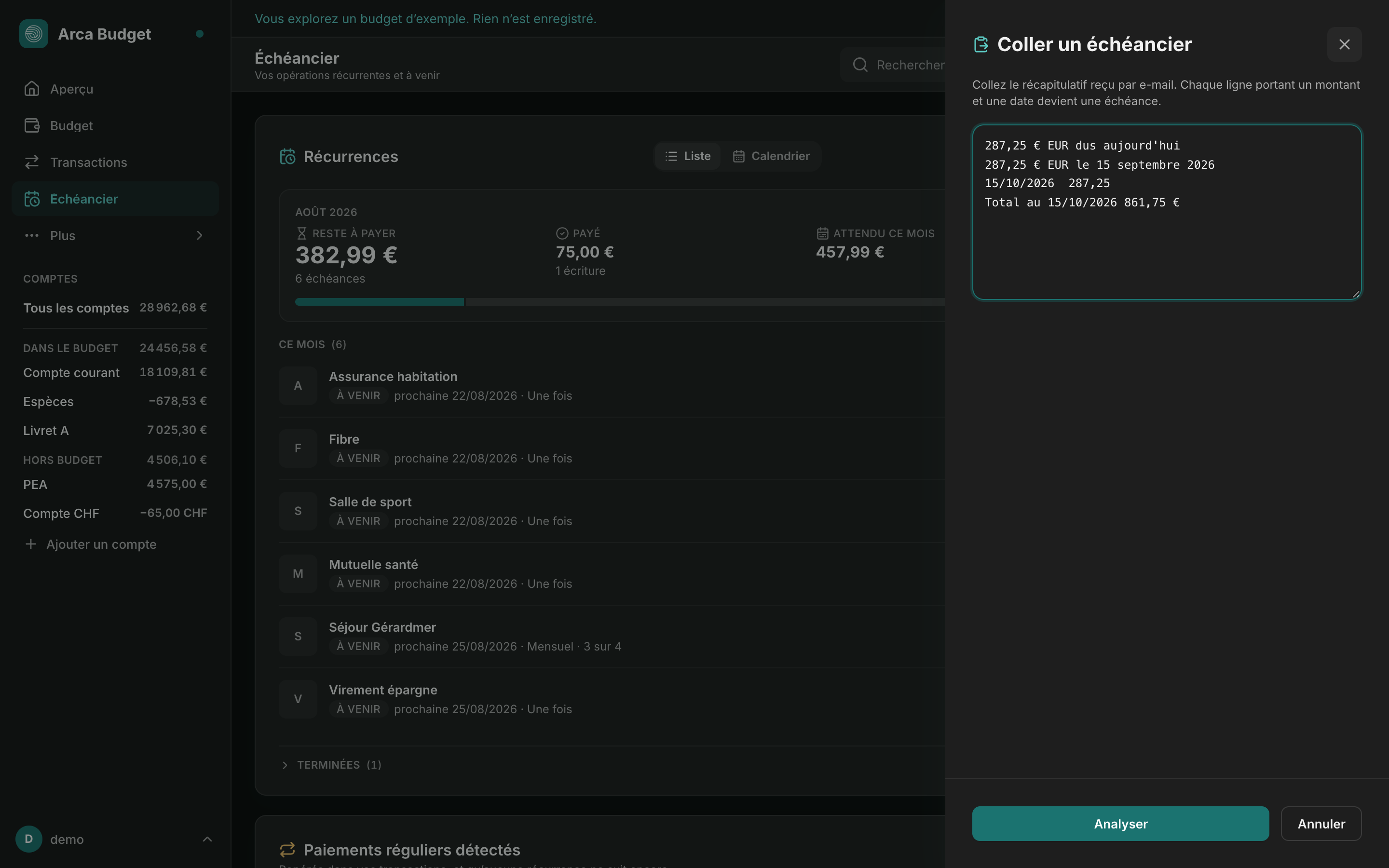 Panneau « Coller un échéancier » avec le récapitulatif d'un paiement en plusieurs fois collé dans la zone de texte