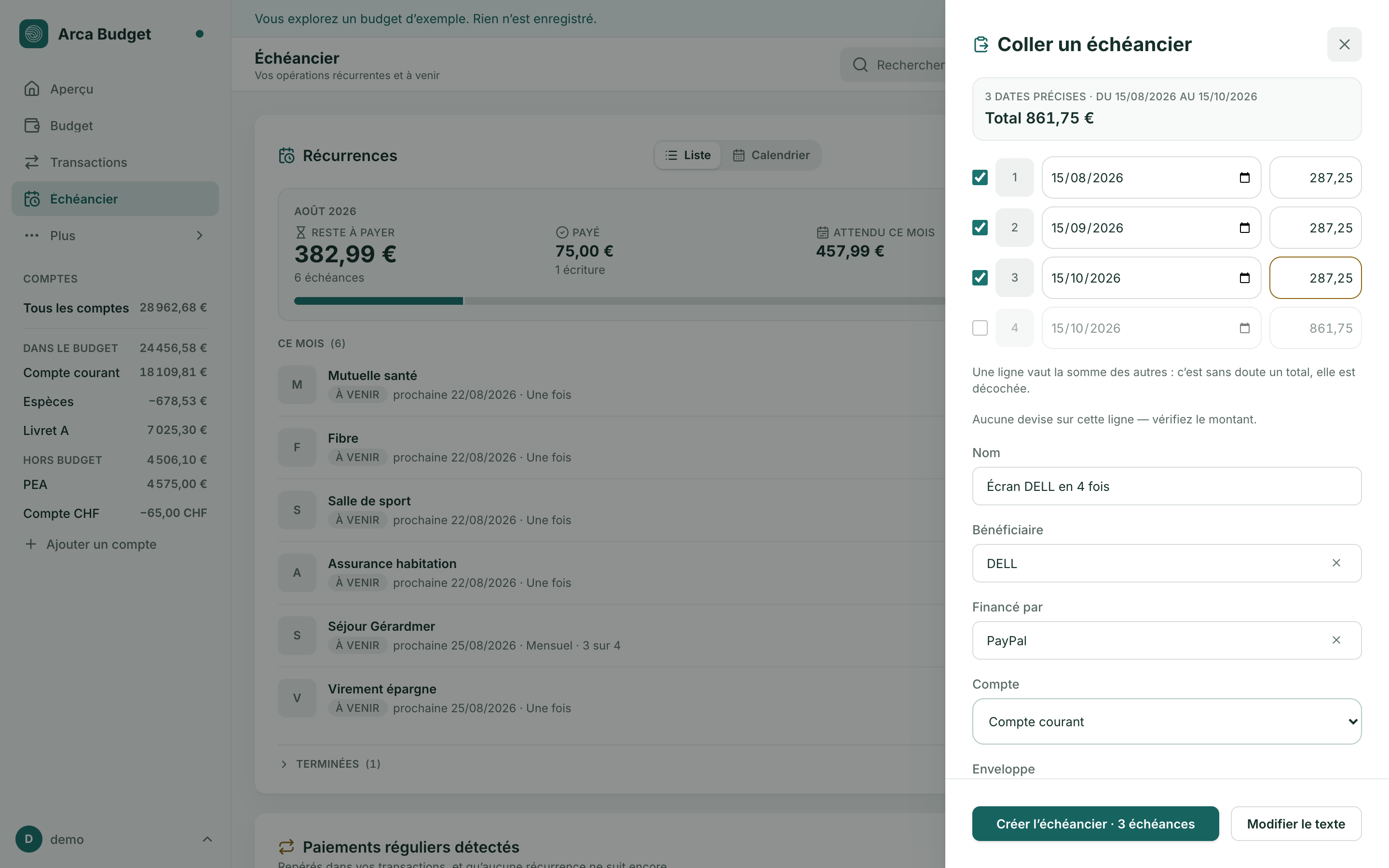Étape de vérification : quatre lignes relues, une bordée d'ambre faute de devise, une décochée parce qu'elle vaut la somme des autres