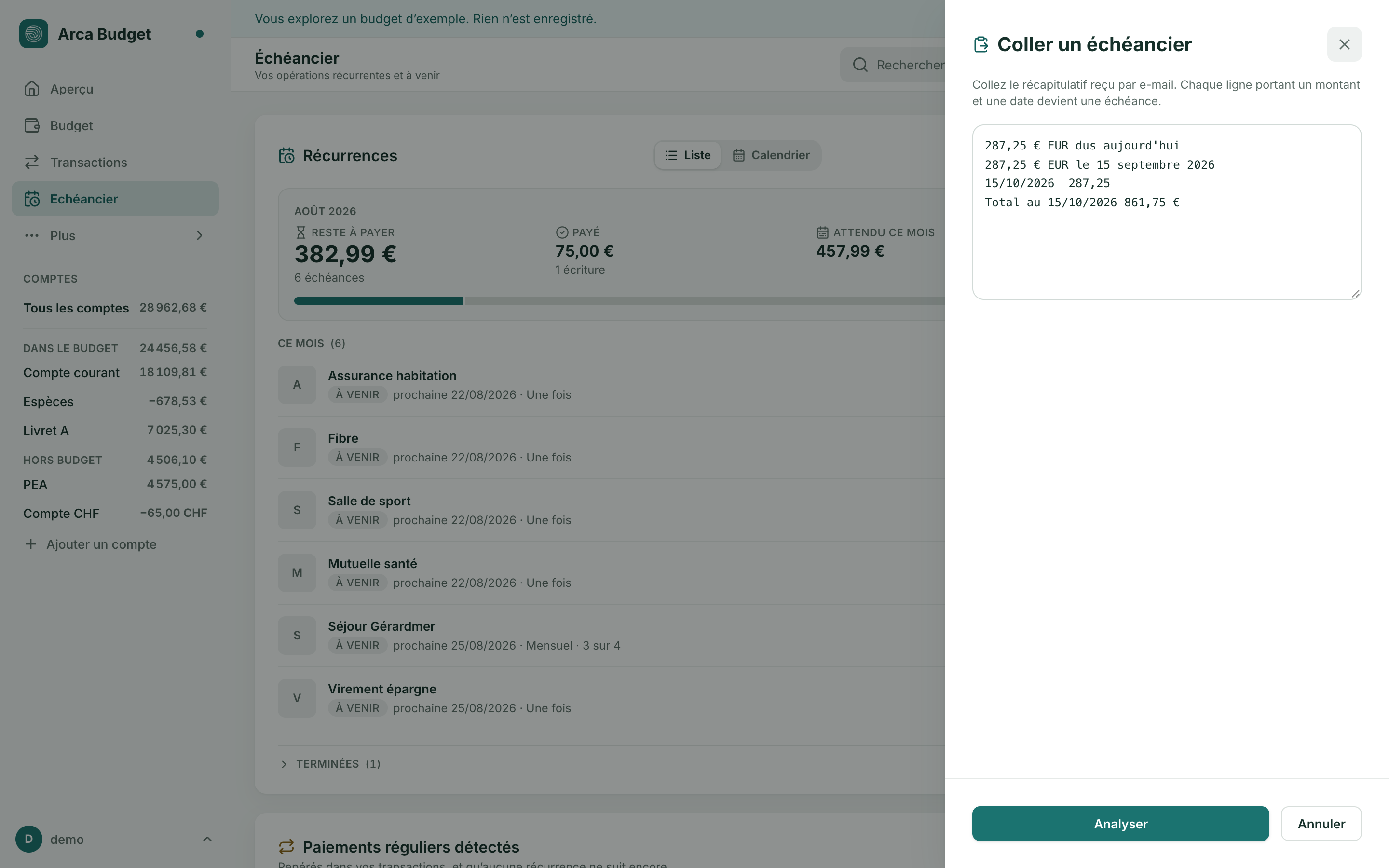 Panneau « Coller un échéancier » avec le récapitulatif d'un paiement en plusieurs fois collé dans la zone de texte