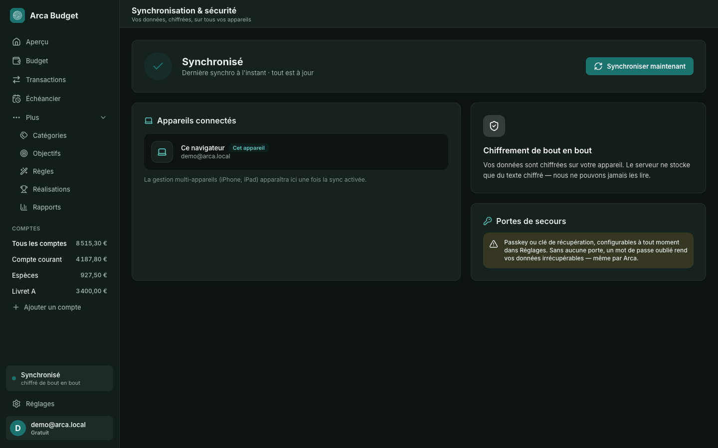 État de synchronisation et appareils connectés dans Arca Budget